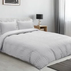 PiccoCasa Microfiber Soft Zippered Seersucker Duvet Cover Set With Corner Ties 3 Pcs