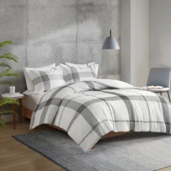 King/California King Austin Cotton Jacquard Plaid Duvet Cover Set White/Black